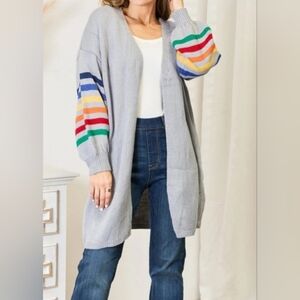 Cardigan Gray Rainbow Striped Sleeve Sweater Fall Winter Size S EUC
